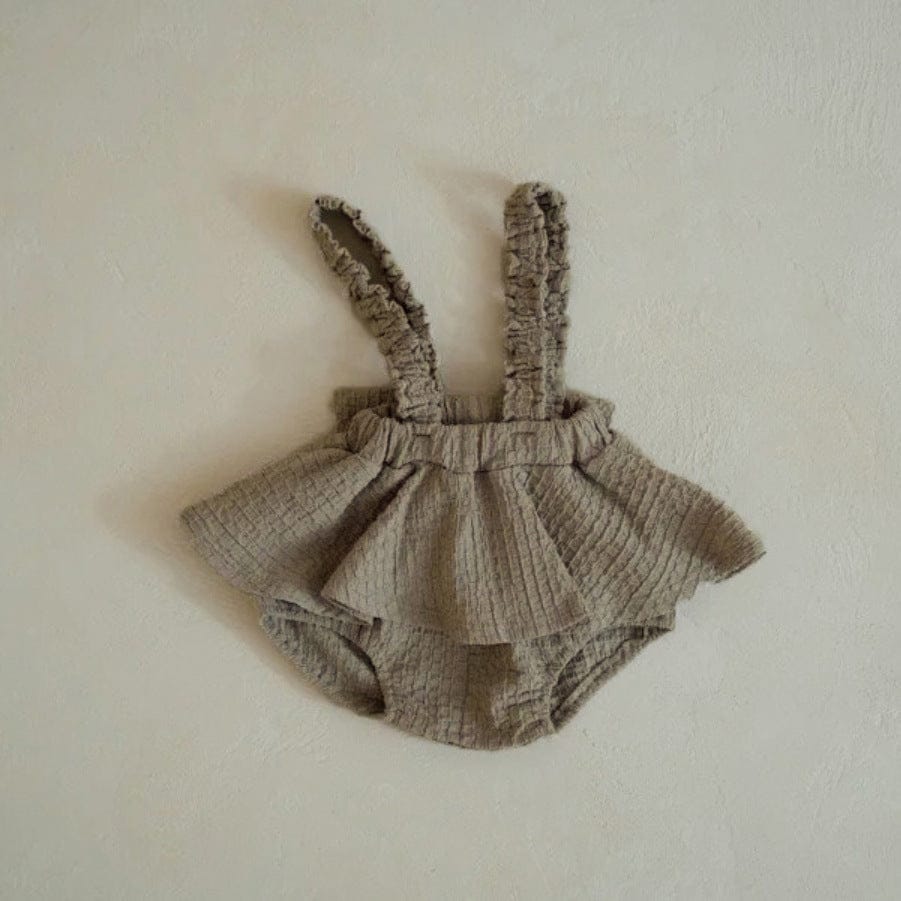 ブルマパンツ Deep apricot suspender jumpsuit / 66cm フリルショルダースカートサスペンダーブルマパンツ+ボンネット帽子セット【mh0009990】