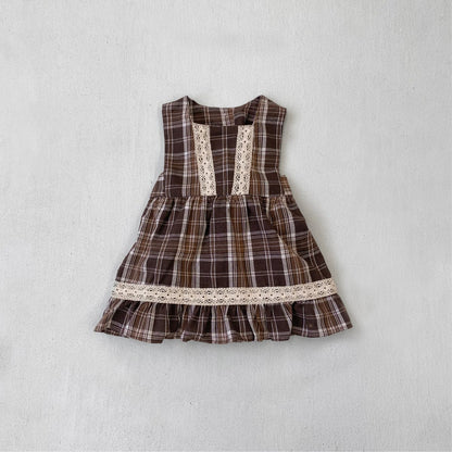 ノースリーブワンピース dress / 73cm レトロチェック柄レースワンピース / 刺繍ビッグカラーブラウス【mh0011118】