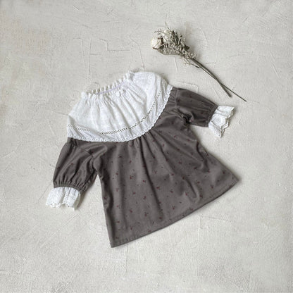 長袖ワンピース Floral dress / 73cm フラワープリントレースフリル長袖ワンピース 帽子セット【mh0009676】