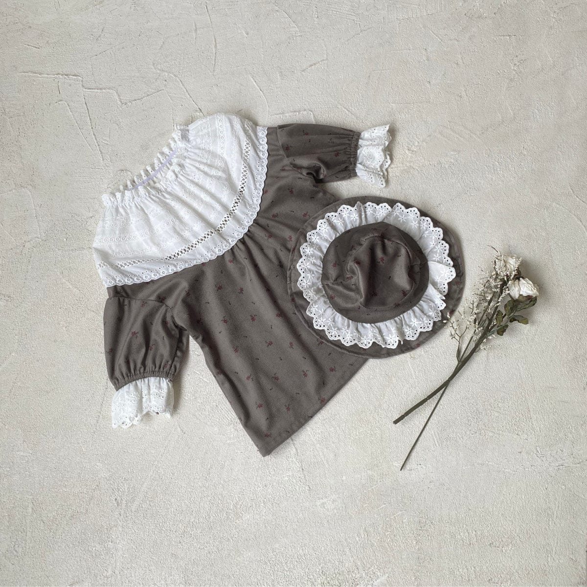 長袖ワンピース Floral Set (Dress + Hat) / 73cm フラワープリントレースフリル長袖ワンピース 帽子セット【mh0009676】