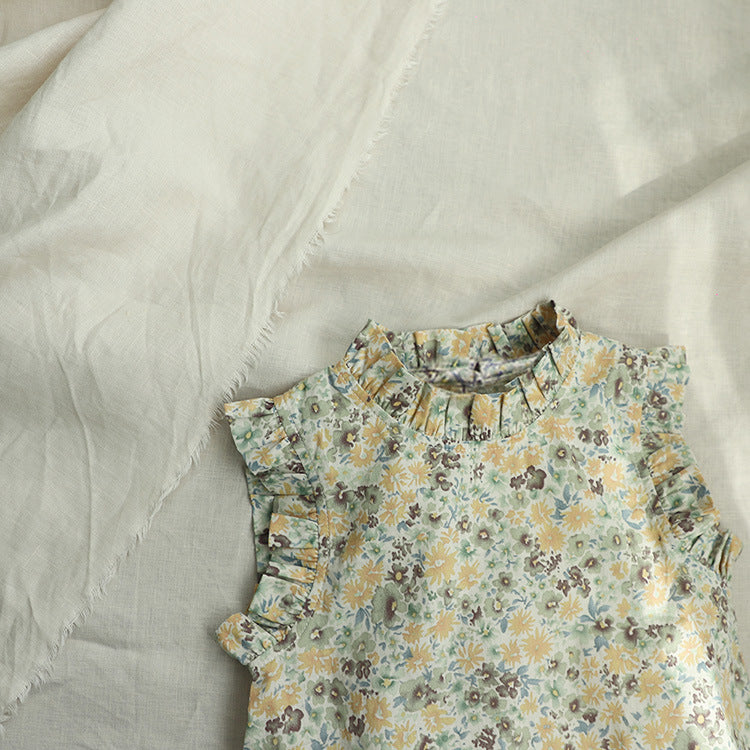 タンクトップ・キャミソール・ノースリーブトップス Flower Ruffle Sleeveless Blouse フラワー フリル ノースリーブ ブラウス【mh0012002】