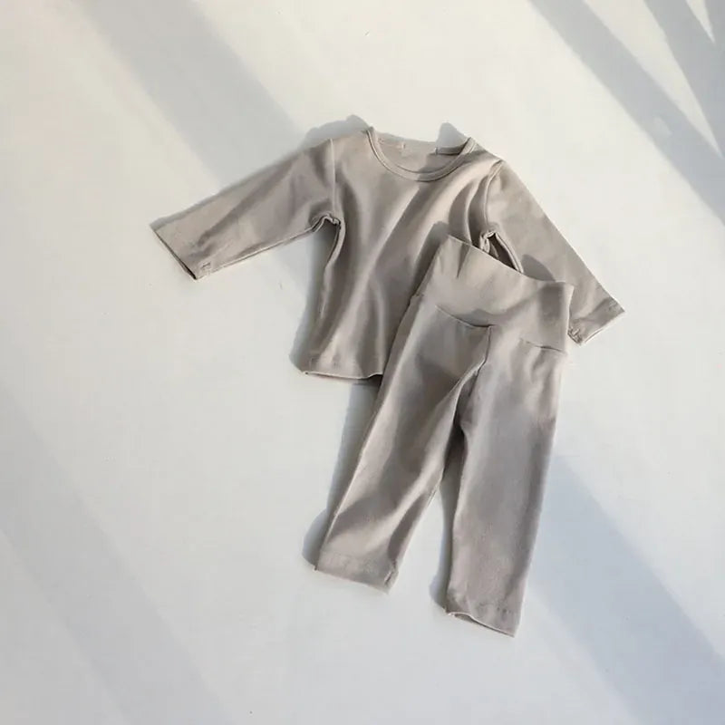 長袖セットアップ Gray / 3-6M 66cm ベビーセットアップ 2点セット 長袖Tシャツ+ハイウェストパンツ シンプルベーシック パジャマ 4カラー【mh0000419】