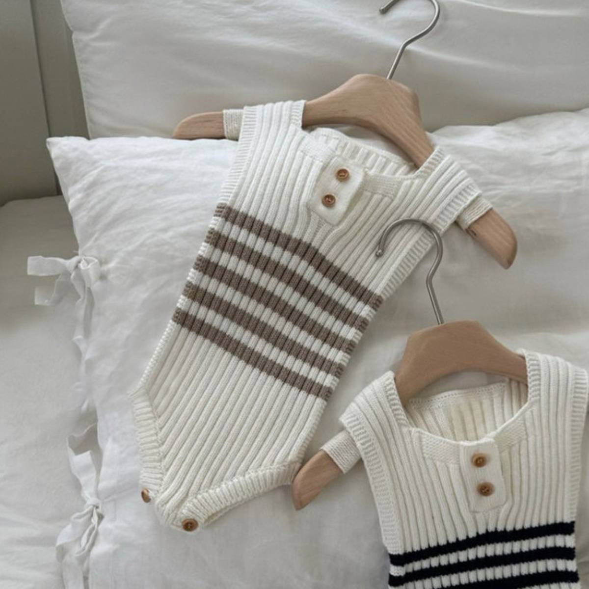 ノースリーブロンパース Gray / 66cm ノースリーブニットロンパース ボーダー柄 リブ編み【mh0011361】