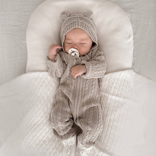 長袖ロンパース Gray / 66cm 長袖ロンパース ニット素材 ケーブル編み ベアくま耳フード カバーオール【mh0011368】