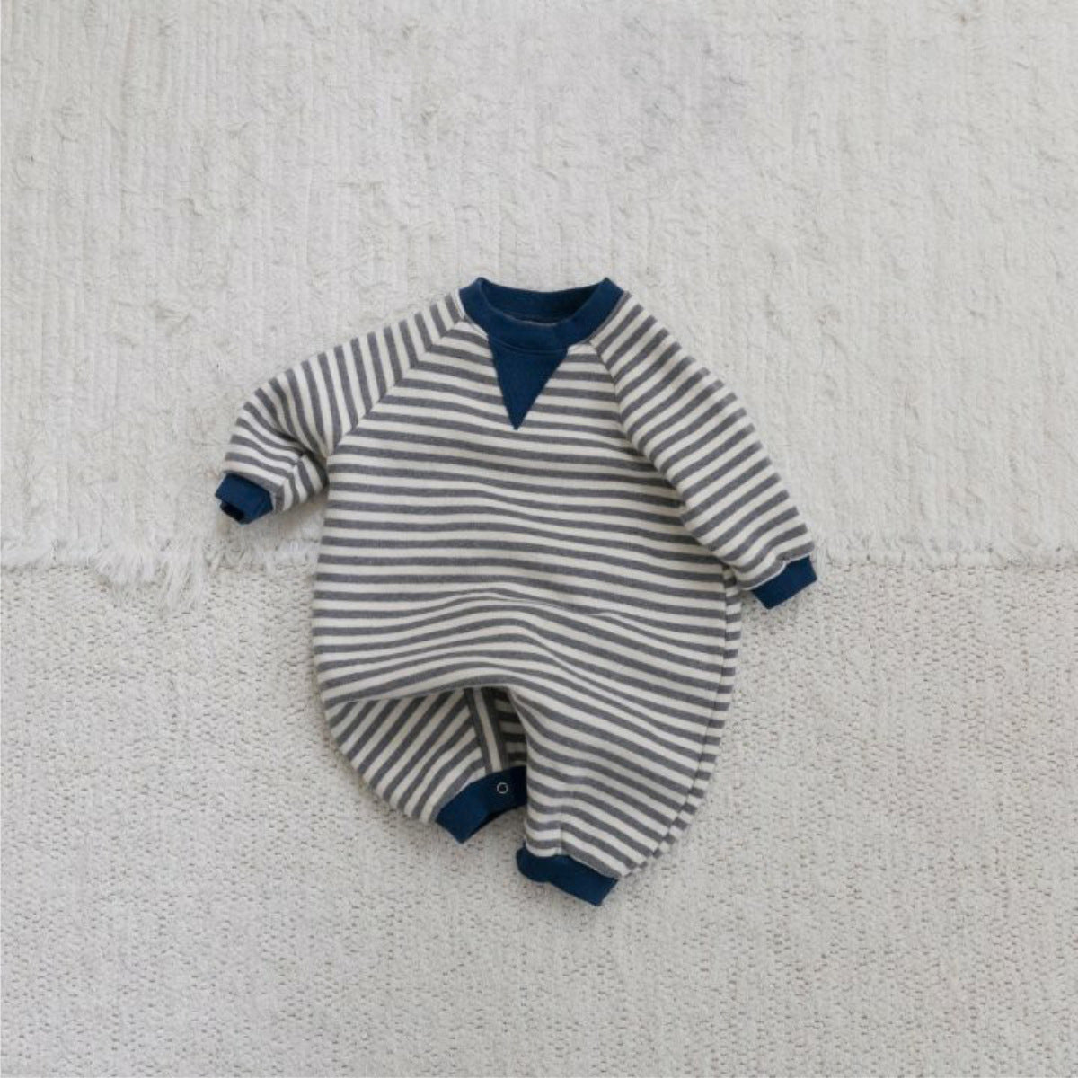 長袖ロンパース Gray / 66cm Stripe Fleece Sweat Bodysuit ボーダー 裏フリース ロンパース【mh0011849】