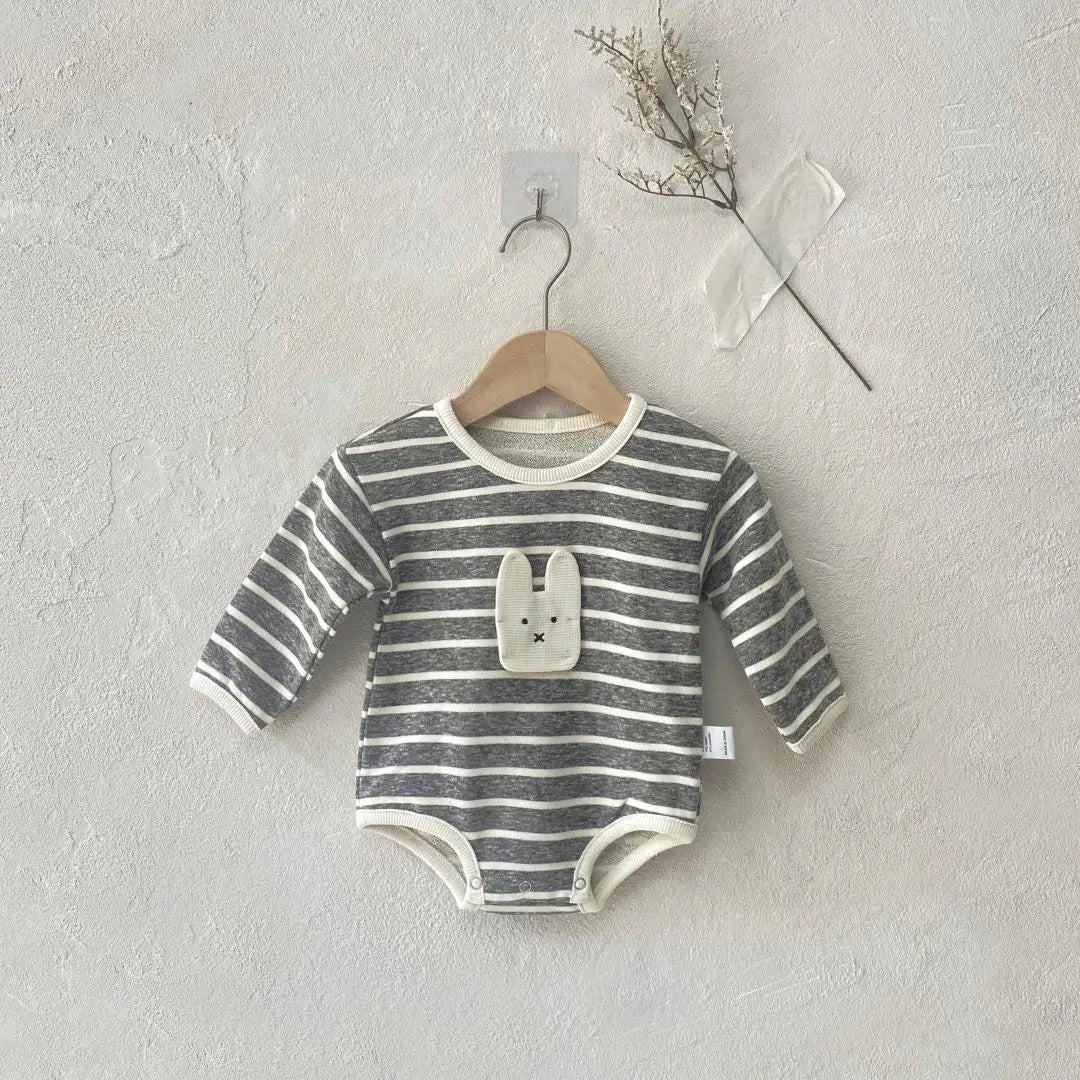 長袖ロンパース Gray / 6M  66CM ベビーロンパース うさぎアップリケボーダー長袖ボディスーツ【mh0008585】