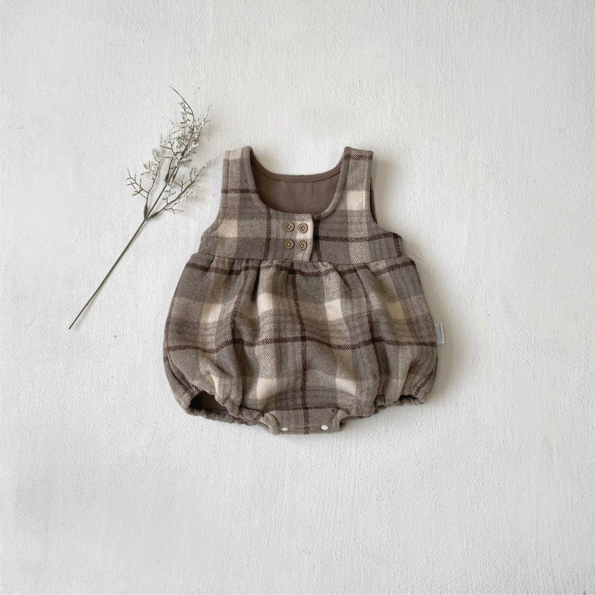 ノースリーブロンパース Gray Apricot Jumpsuit / 66cm Tartan Plush Vest Romper Set タータンチェック 裏フリース ロンパース【mh0011852】