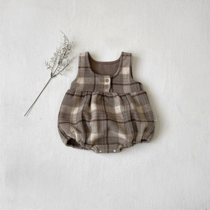 ノースリーブロンパース Gray Apricot Jumpsuit / 66cm Tartan Plush Vest Romper Set タータンチェック 裏フリース ロンパース【mh0011852】