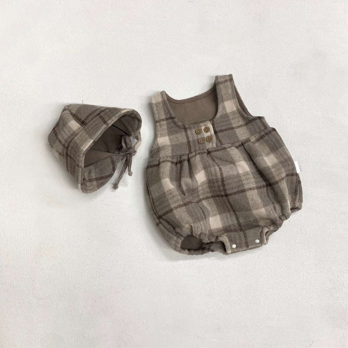 ノースリーブロンパース Gray Apricot Set (Jumpsuit + Hat) / 66cm Tartan Plush Vest Romper Set タータンチェック 裏フリース ロンパース【mh0011852】