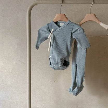 ロンパースセットアップ Gray Blue 2-Piece Set (Jumpsuit + Pants) / 66cm 長袖ベビー肌着ロンパース+足付きレギンスパンツ+うさ耳帽子セット【mh0010599】