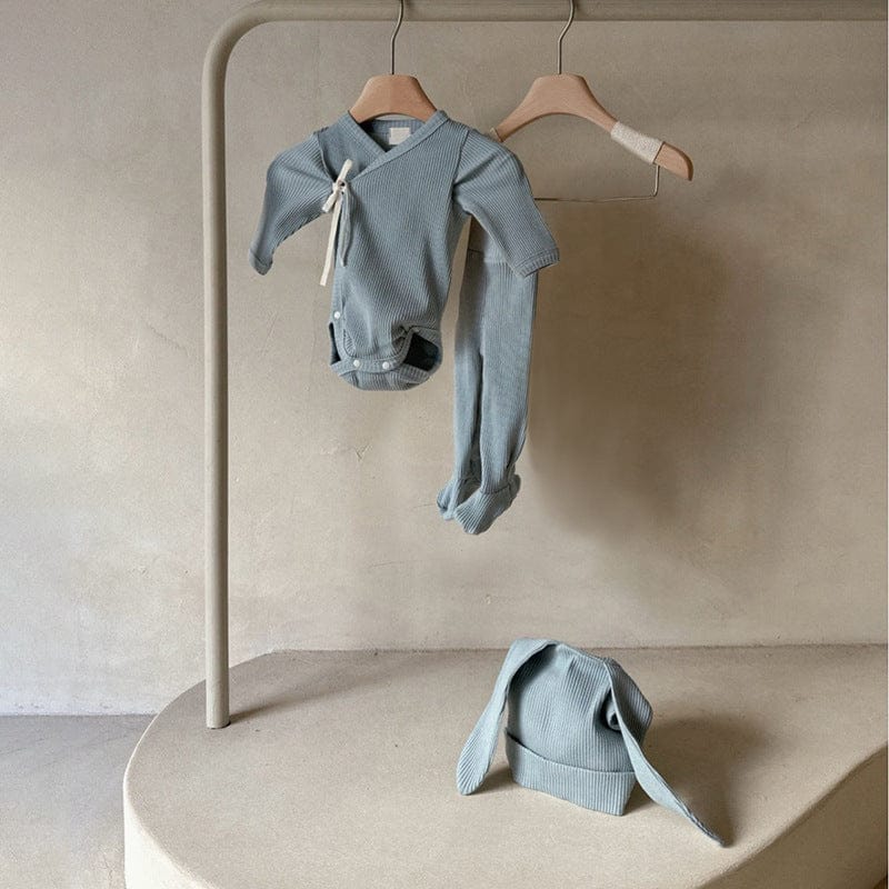 ロンパースセットアップ Gray Blue 3-Piece Set (Jumpsuit + Pants + Hat) / 66cm 長袖ベビー肌着ロンパース+足付きレギンスパンツ+うさ耳帽子セット【mh0010599】