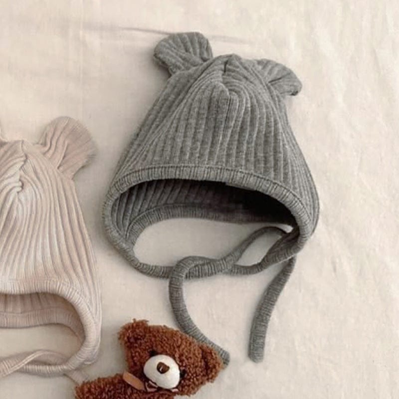 長袖ロンパース Gray Hat / One Size リブ編みひざパッチ長袖ロンパース+くま耳帽子 2点セット【mh0011137】