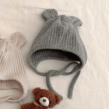 長袖ロンパース Gray Hat / One Size リブ編みひざパッチ長袖ロンパース+くま耳帽子 2点セット【mh0011137】