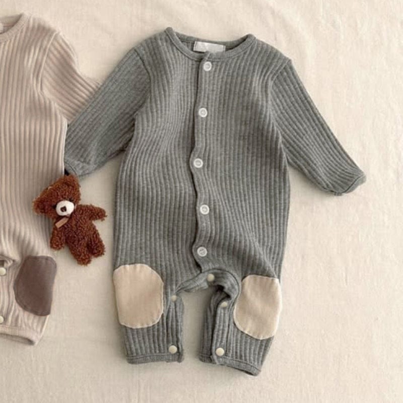 長袖ロンパース Gray Jumpsuit / 66cm リブ編みひざパッチ長袖ロンパース+くま耳帽子 2点セット【mh0011137】