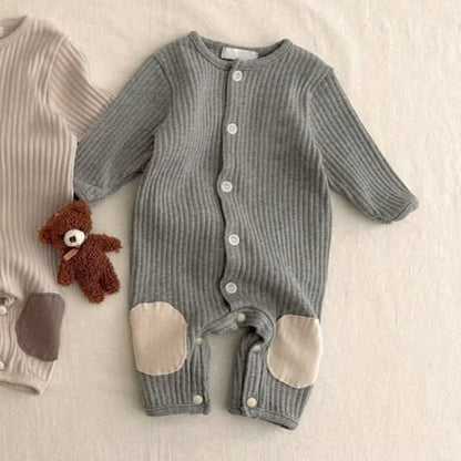 長袖ロンパース Gray Jumpsuit / 66cm リブ編みひざパッチ長袖ロンパース+くま耳帽子 2点セット【mh0011137】