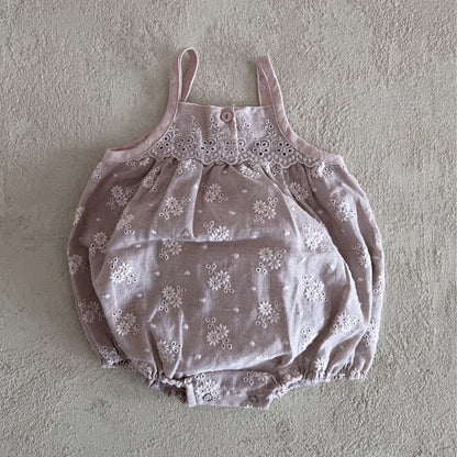 ノースリーブロンパース Gray Pink / 66cm フラワー刺繍レースキャミソールロンパース【mh0009852】