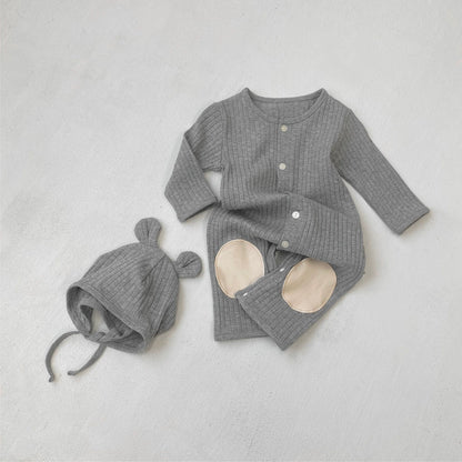 長袖ロンパース Gray Set / 66cm リブ編みひざパッチ長袖ロンパース+くま耳帽子 2点セット【mh0011137】