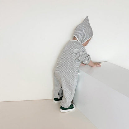 長袖ロンパース Gray stripe two-piece set (jumpsuit + hat) / 66cm ボーダー長袖ロンパース+ボンネット帽子セット【mh0010598】