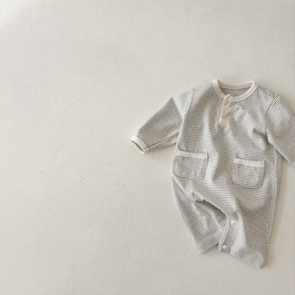 長袖ロンパース Gray striped jumpsuit / 66cm ボーダー長袖ロンパース+ボンネット帽子セット【mh0010598】