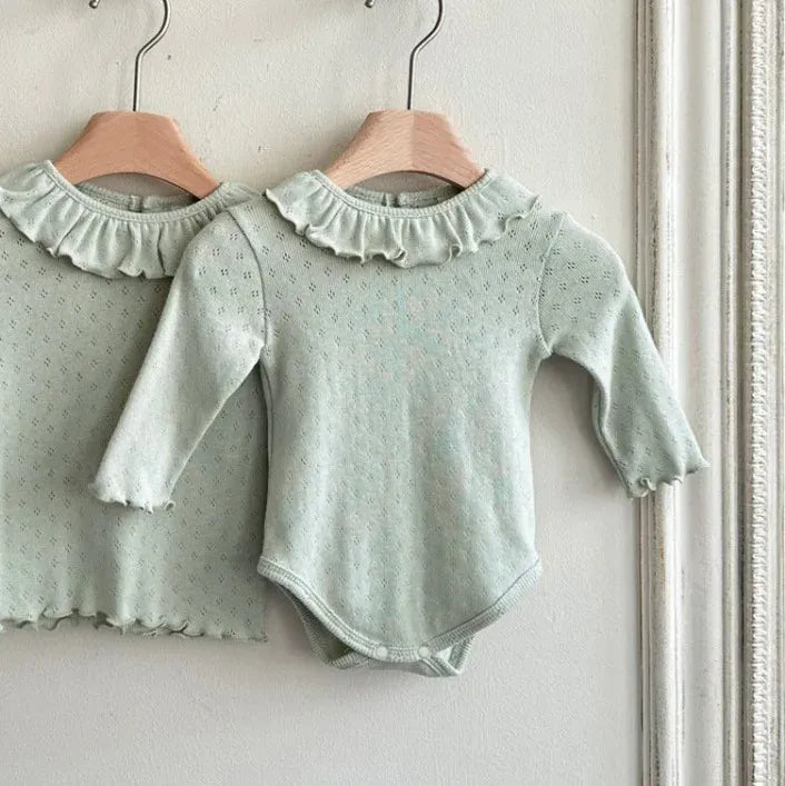 長袖ロンパース Green / 66cm 0-6m ベベビーロンパース ラッフル襟シンプル長袖ボディスーツ 3カラー【mh0007281】