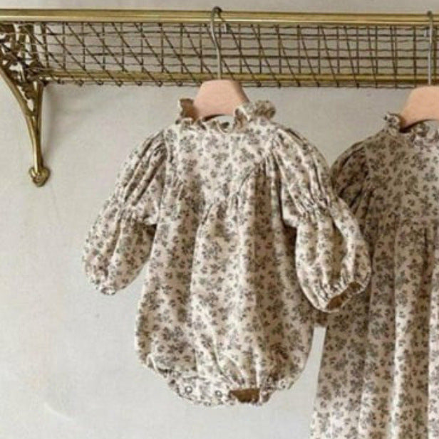 長袖ロンパース Green / 66cm Floral Print Ruffle Collar Romper 小花柄プリント フリル ロンパース【mh0011851】