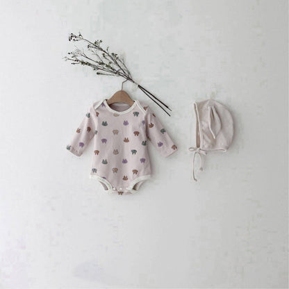 長袖ロンパース Grey Pink Purple Set (Jumpsuit + Light Apricot Hat) / 66cm 長袖ロンパース コットン うさ耳ボンネット 帽子セット【mh0011357】