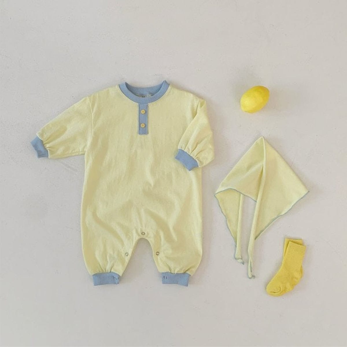 長袖ロンパース Lemon Yellow / 66cm パステルカラーロンパース ショール付き バイカラー長袖コットンカバーオール【mh0010885】