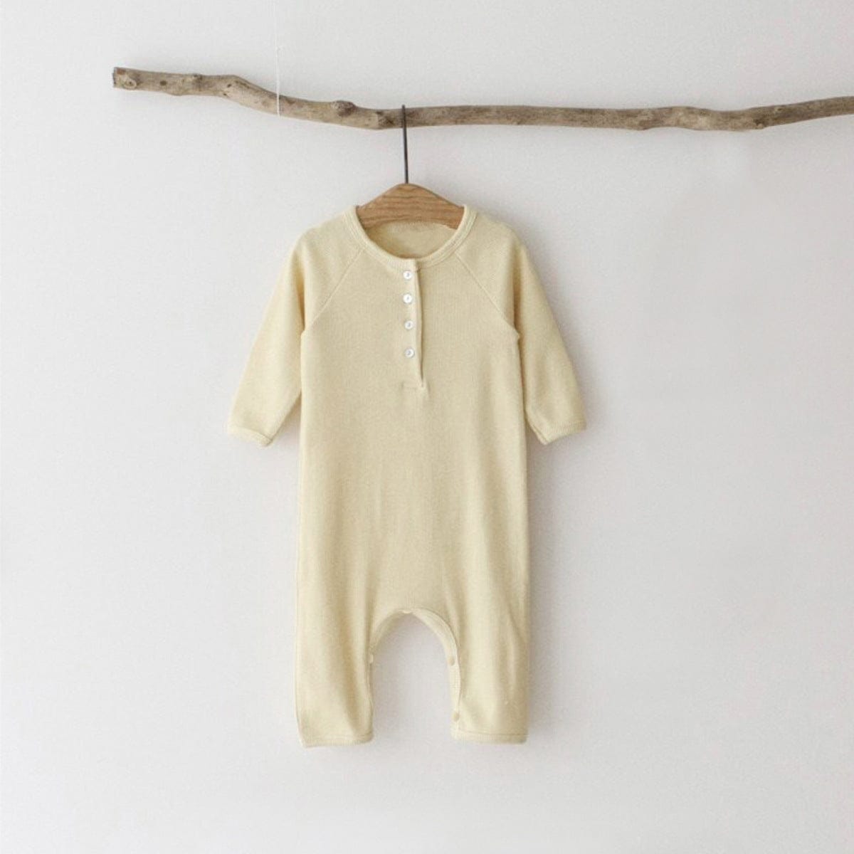 長袖ロンパース Lemon Yellow Jumpsuit / 66cm とんがり帽子ロンパースセット ヘンリーネック リブ編み コットンカバーオール 2点セット【mh0010889】