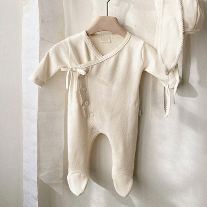長袖ロンパース Light Apricot Jumpsuit / 66cm フロントリボンロンパース 足つきデザイン コットン新生児カバーオール【mh0010893】