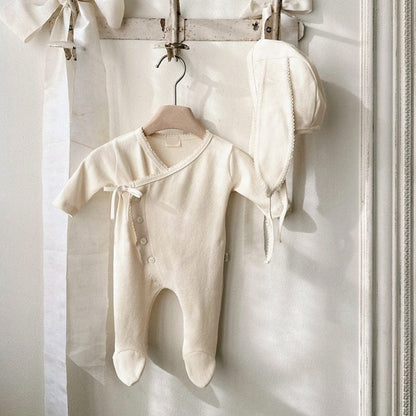 長袖ロンパース Light Apricot Set / 66cm フロントリボンロンパース 足つきデザイン コットン新生児カバーオール【mh0010893】