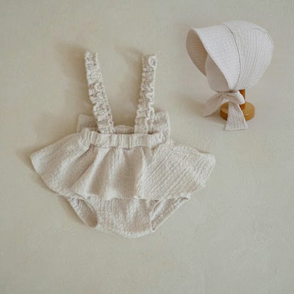 ブルマパンツ Light Apricot Set (Jumpsuit + Hat) / 66cm フリルショルダースカートサスペンダーブルマパンツ+ボンネット帽子セット【mh0009990】