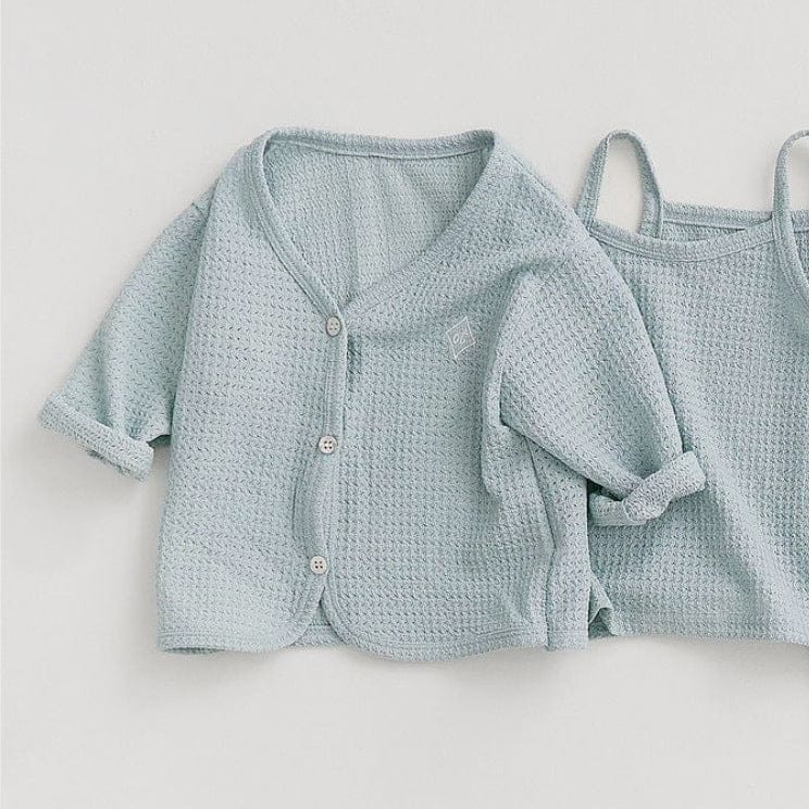 長袖セットアップ Light blue cardigan / 73cm ベビーセットアップ 3点セット ワッフルシンプルカーディガン+キャミソールトップス+ワイドルーズパンツ ルームウェアセット【mh0009038】