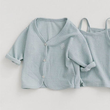 長袖セットアップ Light blue cardigan / 73cm ベビーセットアップ 3点セット ワッフルシンプルカーディガン+キャミソールトップス+ワイドルーズパンツ ルームウェアセット【mh0009038】