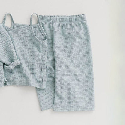 長袖セットアップ Light blue pants / 73cm ベビーセットアップ 3点セット ワッフルシンプルカーディガン+キャミソールトップス+ワイドルーズパンツ ルームウェアセット【mh0009038】