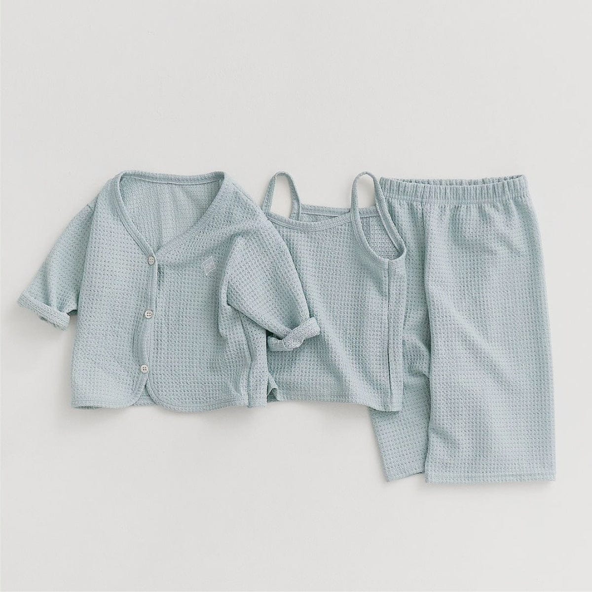 長袖セットアップ Light blue three-piece set (cardigan + vest + pants) / 73cm ベビーセットアップ 3点セット ワッフルシンプルカーディガン+キャミソールトップス+ワイドルーズパンツ ルームウェアセット【mh0009038】