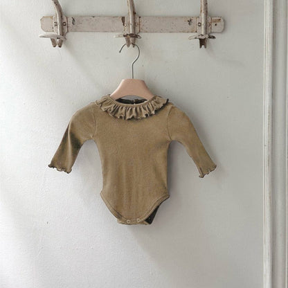 長袖ロンパース Light Brown / 66cm ベビーロンパース ラッフル襟シンプル長袖ボディスーツ【mh0009029】
