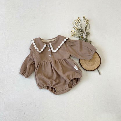 長袖ロンパース Light Brown / 66cm ベビーロンパース ワッフル襟付き長袖パフスリーブボディスーツ【mh0009031】