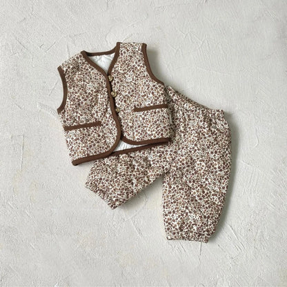 ノースリーブセットアップ Light Brown / 6M  66CM ベビーセットアップ 2点セット フラワープリントキルティングベスト+キルトロングパンツ【mh0008143】