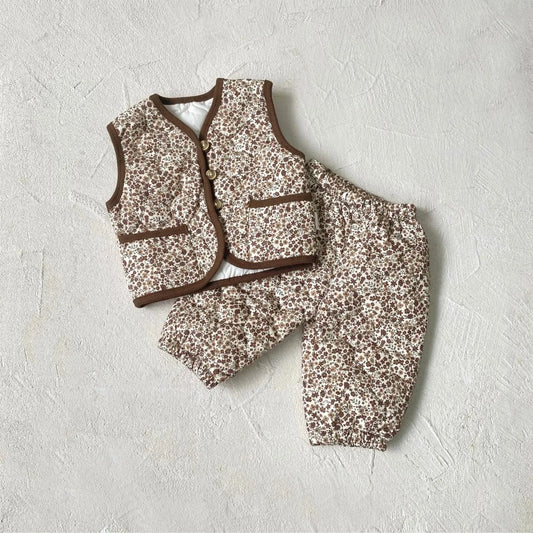 ノースリーブセットアップ Light Brown / 6M  66CM ベビーセットアップ 2点セット フラワープリントキルティングベスト+キルトロングパンツ【mh0008143】