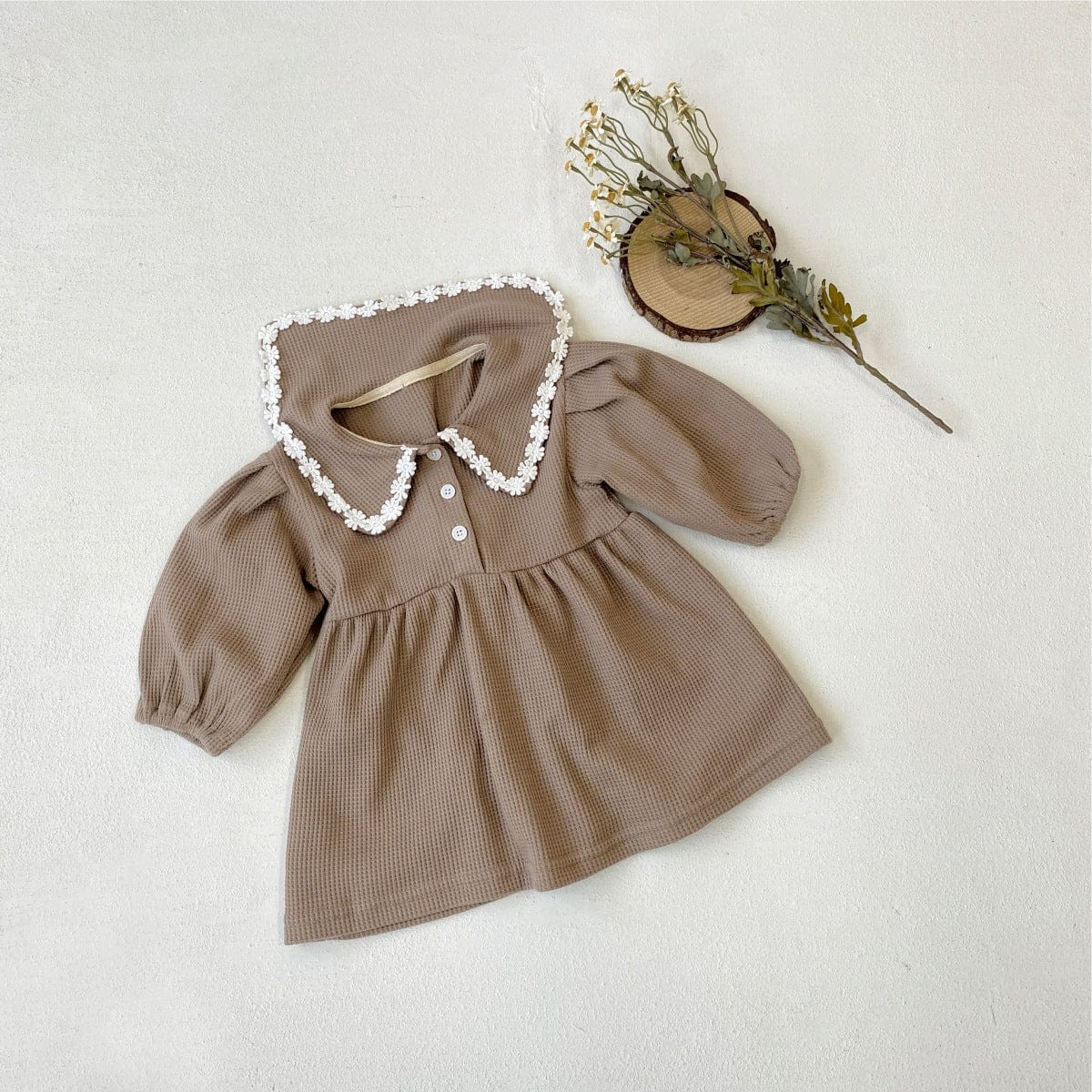 長袖ワンピース Light Brown / 73cm ベビーワンピース ワッフル襟付き長袖パフスリーブワンピース【mh0009028】