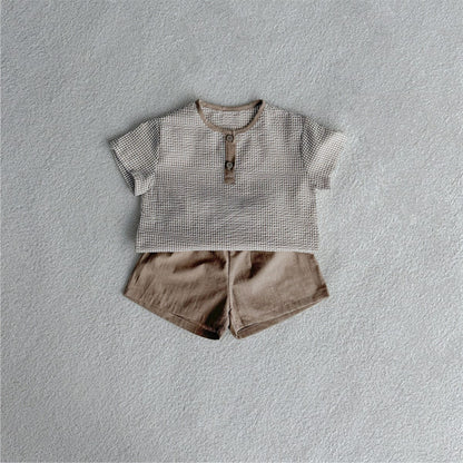 半袖セットアップ Light Brown / 73cm ヘンリーネックチェック半袖シャツ+ショートパンツ【mh0009849】