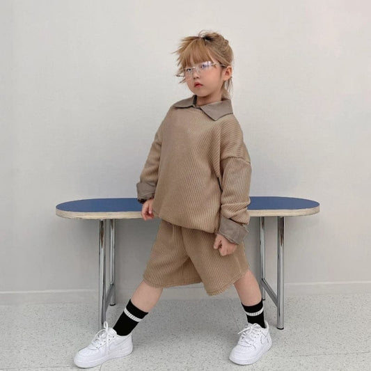長袖セットアップ Light Brown / 90cm 長袖リブニットトップス＋ショートパンツセットアップ 2点セット【mh0011099】