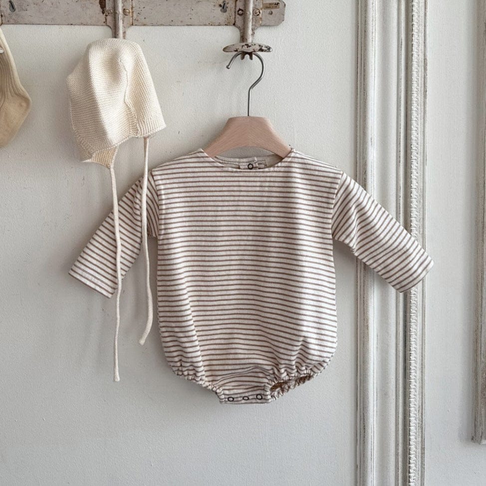 長袖ロンパース Light Coffee / 66cm コットンシンプルボーダー長袖ロンパース【mh0011104】