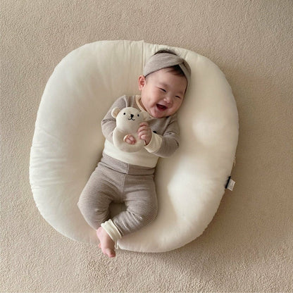 ロンパースセットアップ Light coffee color three-piece set (jumpsuit + pants + headband) / 66cm ベビーセットアップ 2点セット ボーダー長袖パジャマセット 長袖ボディスーツ+ハイウェストパンツ+ヘアバンドセット【mh0009025】