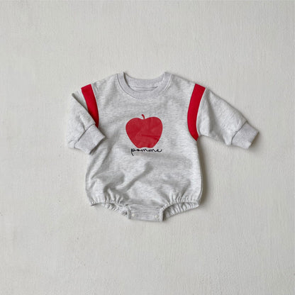 長袖ロンパース Light Gray / 66cm りんごプリントパッチワーク長袖ロンパース【mh0011121】