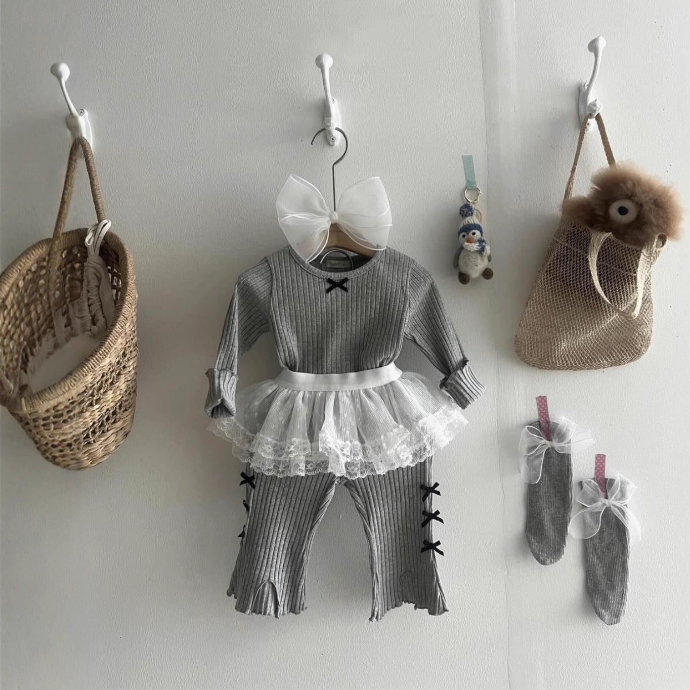 長袖セットアップ Light Gray / 73cm Big Pit Ribbon Base Set Loungewear リブニット リボン セットアップ【mh0011637】