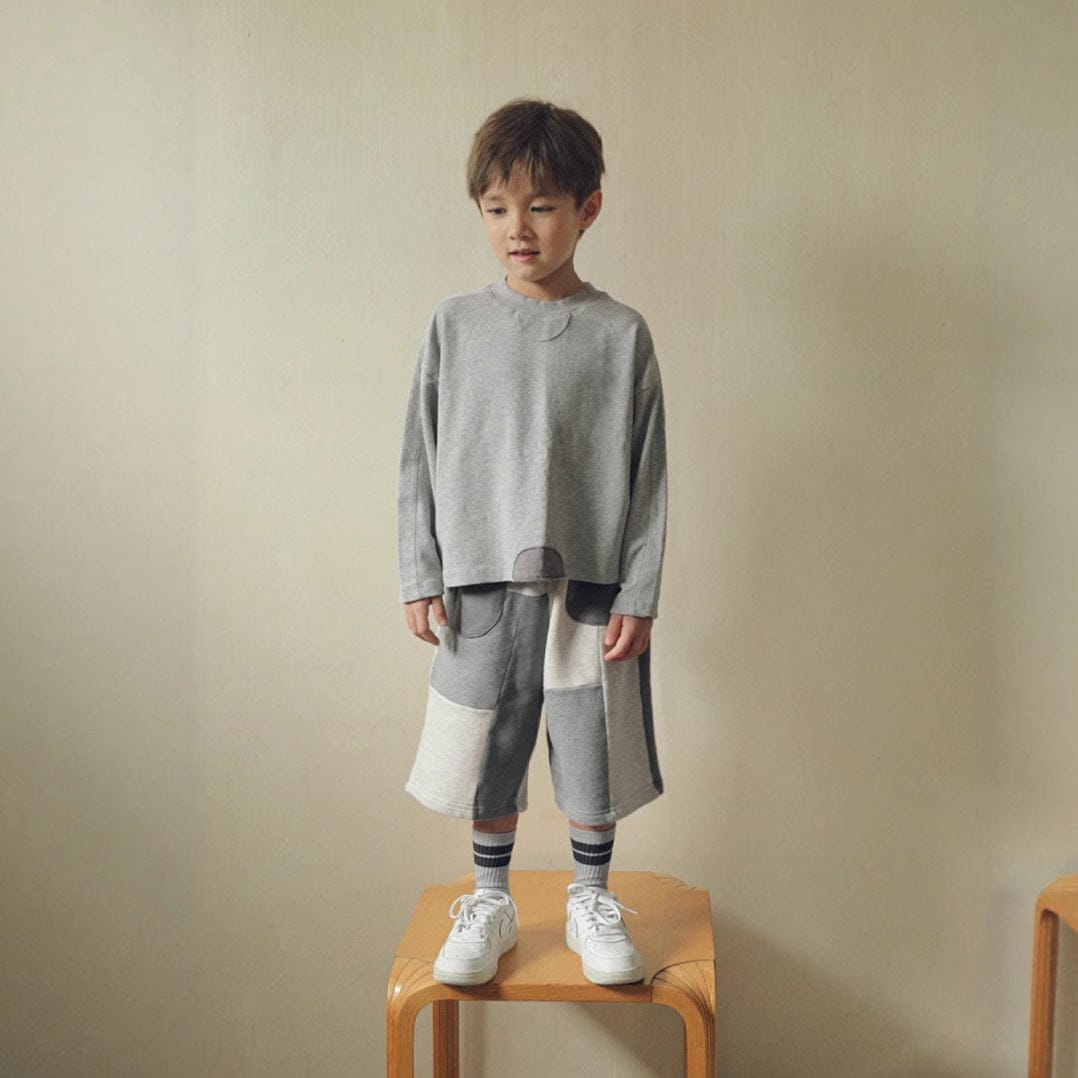 長袖セットアップ Light Gray / 90cm パッチワークスウェットトップス＋スウェットハーフパンツセットアップ 2点セット【mh0011101】