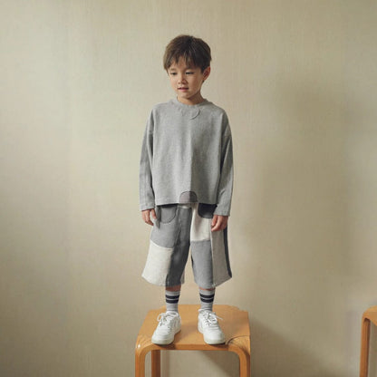 長袖セットアップ Light Gray / 90cm パッチワークスウェットトップス＋スウェットハーフパンツセットアップ 2点セット【mh0011101】