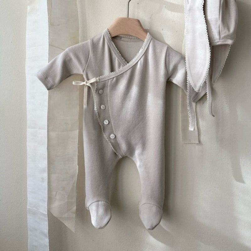 長袖ロンパース Light Gray Jumpsuit / 66cm フロントリボンロンパース 足つきデザイン コットン新生児カバーオール【mh0010893】