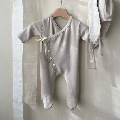 長袖ロンパース Light Gray Jumpsuit / 66cm フロントリボンロンパース 足つきデザイン コットン新生児カバーオール【mh0010893】